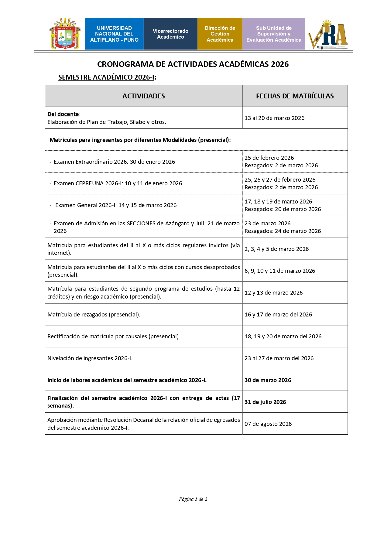 Actividades del I semestre del año académico 2026